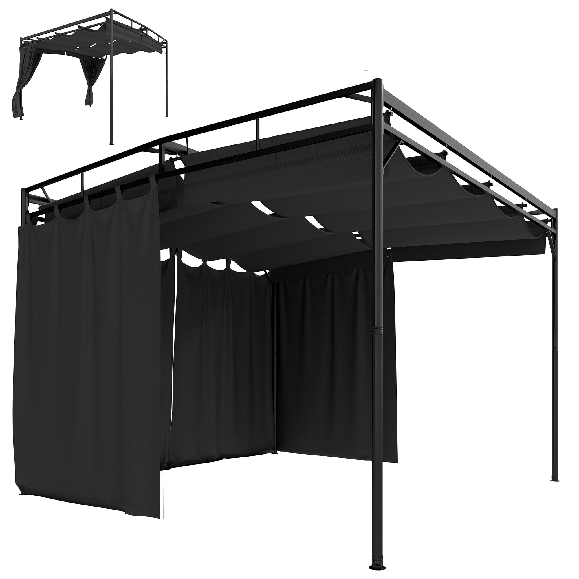 Pergola de jardin toit rétractable rideaux métal gris anthracite