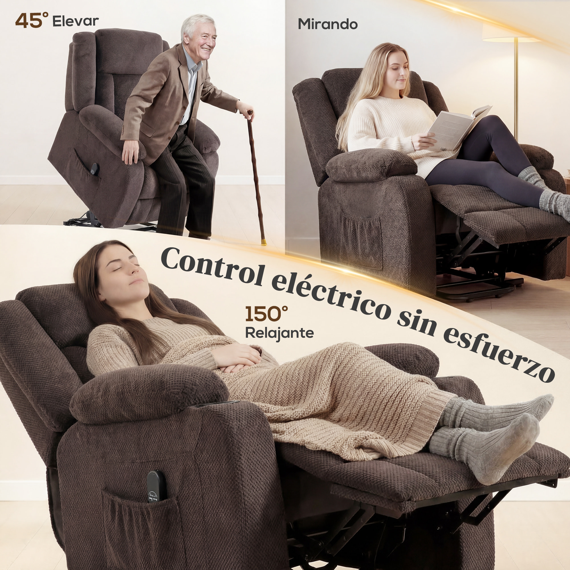 Sillón Relax Reclinable Eléctrico Levanta Personas, con Puerto USB, Sillón Elevador, con Control Remoto, Asiento Ancho, Reposapiés, Tapizado en Terciopelo, Bolsillos Laterales, Marrón