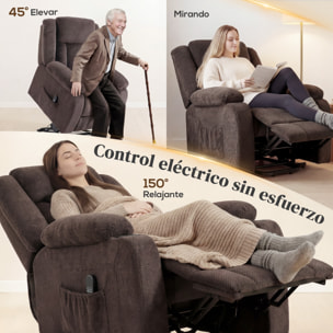 Sillón Relax Reclinable Eléctrico Levanta Personas, con Puerto USB, Sillón Elevador, con Control Remoto, Asiento Ancho, Reposapiés, Tapizado en Terciopelo, Bolsillos Laterales, Marrón
