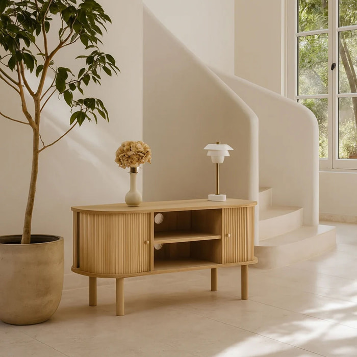 Meuble télévision en bois clair avec portes coulissantes HECTOR