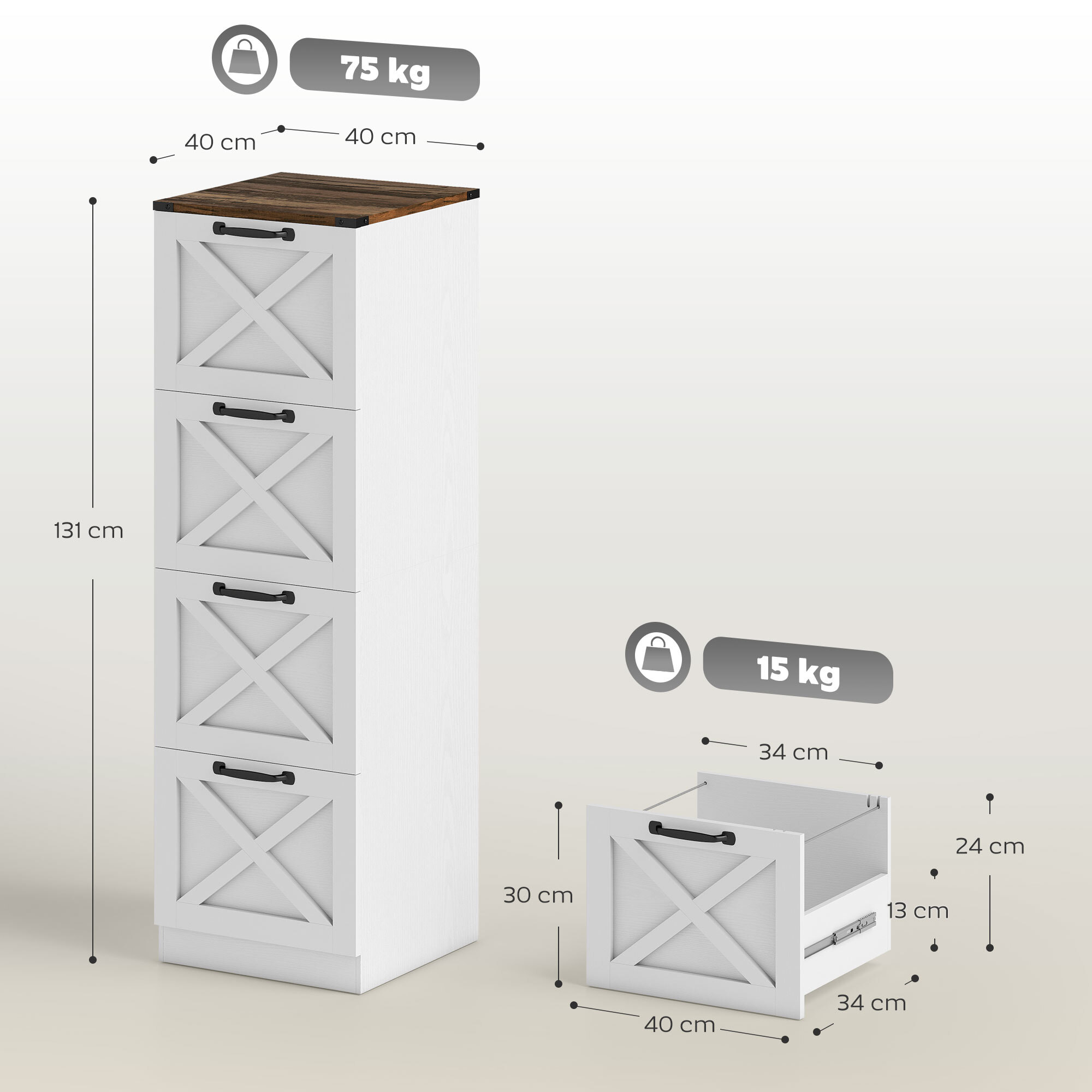Cajonera Escritorio con 4 Cajones, Cajonera de Oficina, Mueble Archivador, Soporte para Impresora, con Riel Colgante para A4 y Carta, 40x40x131 cm, Blanco