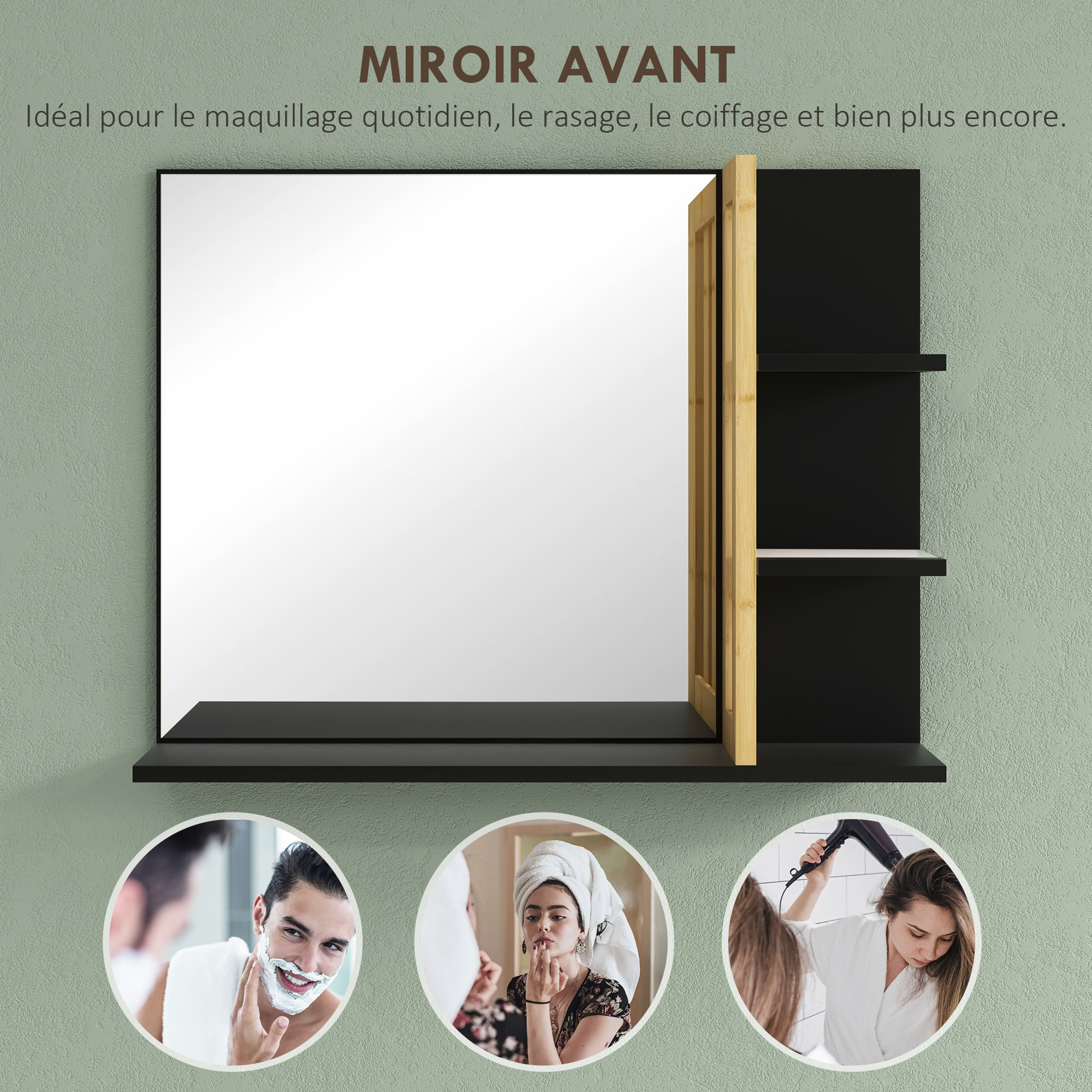 Miroir mural salle de bain - étagères - MDF noir bambou verni