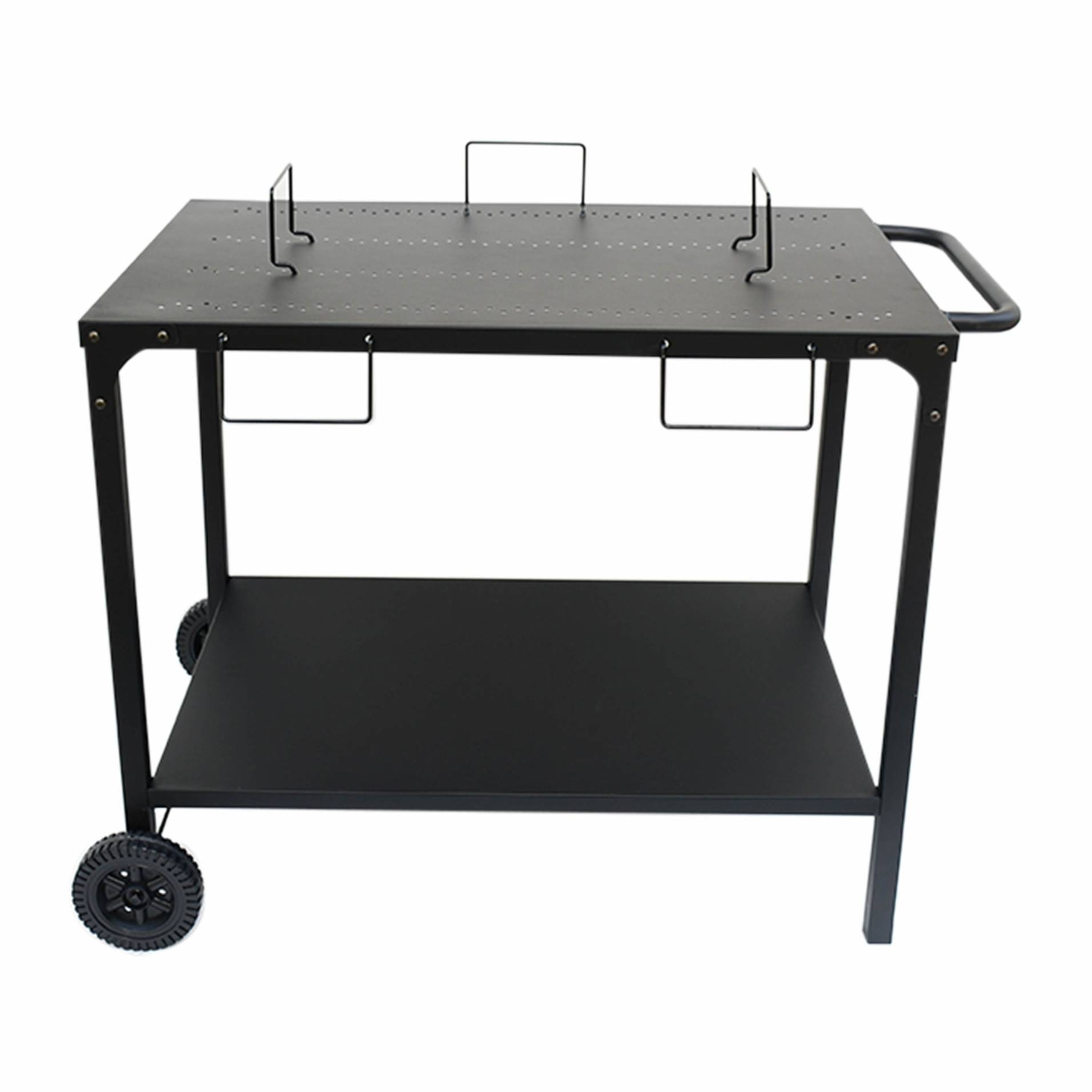Desserte extérieure noire en acier modulable pour plancha avec deux roues
