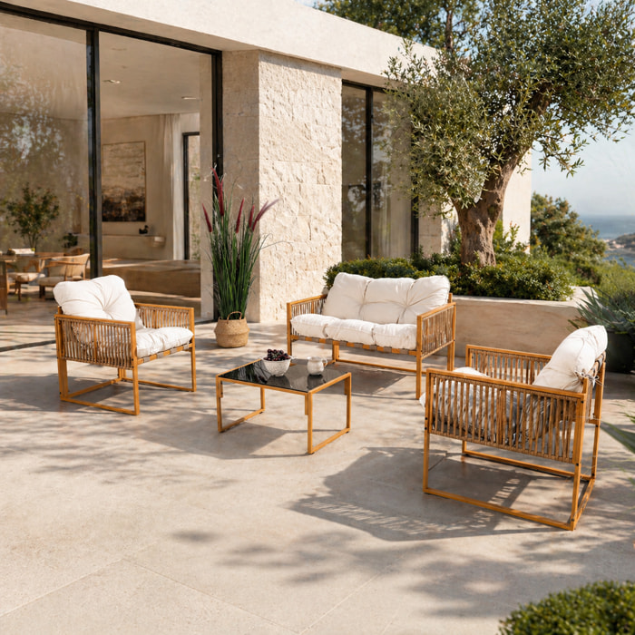 Salon de jardin 4 places effet rotin coussins blancs FORLI