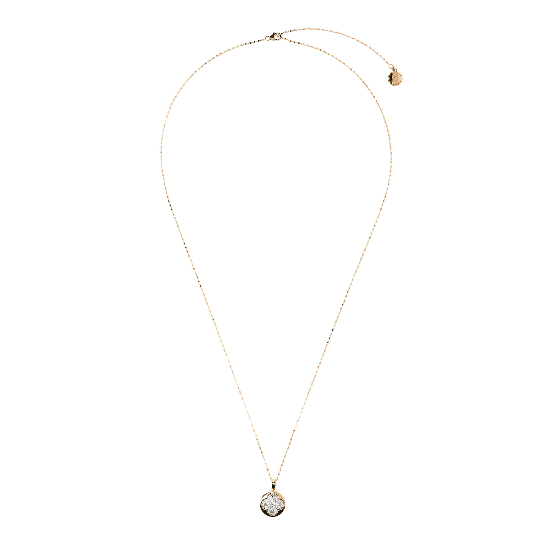 Collana Golden Lunga Catena a Cubetti e Pendente Tondo con Quadrifoglio Pavé in Cubic Zirconia