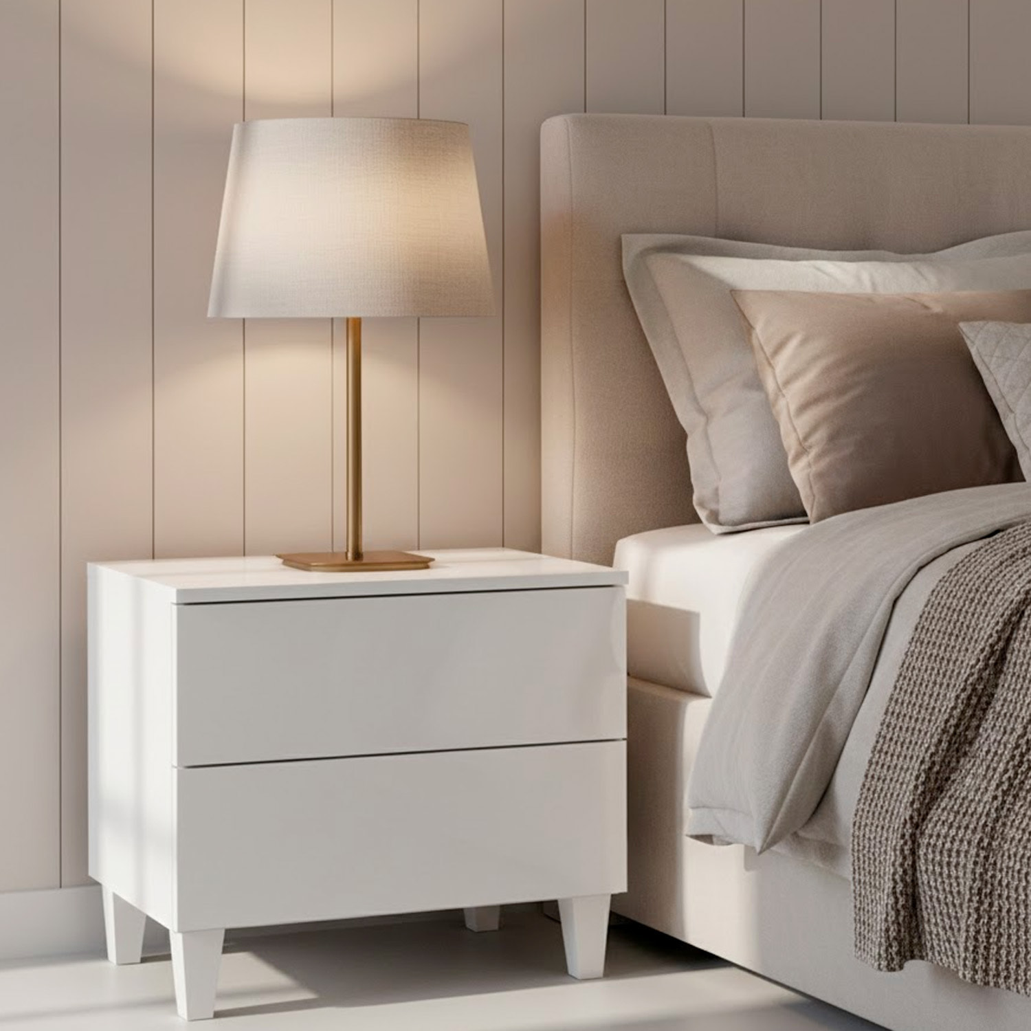 Comodino Con 2 Cassetti Cassettiera Settimino Mobile Da Camera Da Letto Moderno Mobiletto Con Piedini Montaggio Facile 50 x 34 x 39 Cm Bianco Lucido