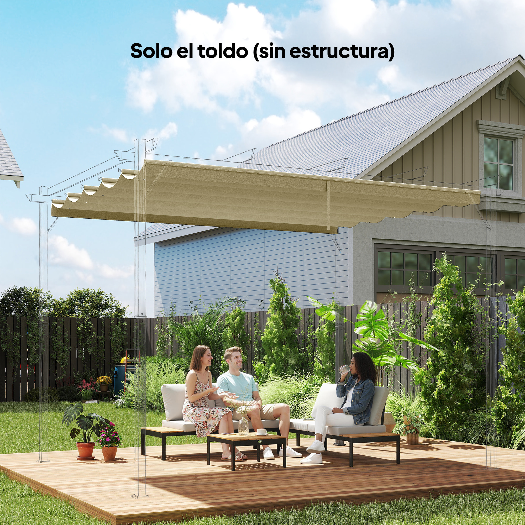 Techo de Pérgola 3,5x2,6 m, Techo de Repuesto Retráctil para Marco de Pérgola de 4x3 m, UV30+, Toldo de Tela Solo para Cenador Jardín con 10 Orificios de Drenaje, Beige