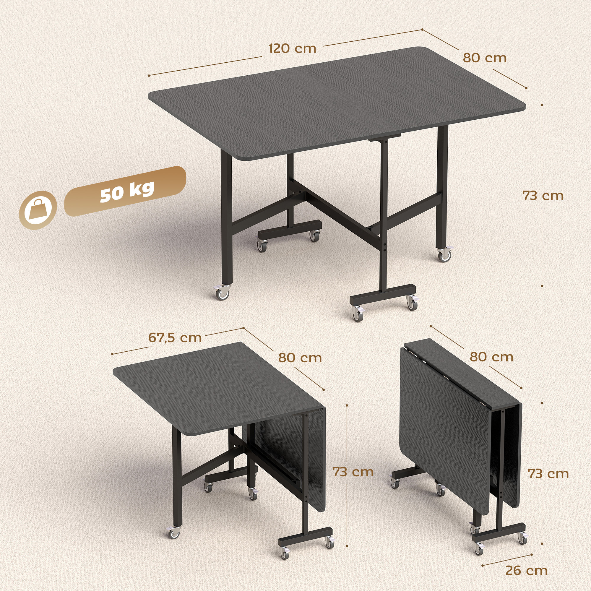 Mesa Plegable de Comedor para 4-6 Personas Mesa de Cocina Plegable con Ruedas y Alas Abatibles para Cocina Salón 120x80x73 cm Negro