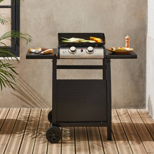 Plancha au gaz 2 brûleurs sur chariot - Porthos - 5kW. plancha à gaz avec desserte . cuisine extérieure. plaque émaillée. inox. barbecue