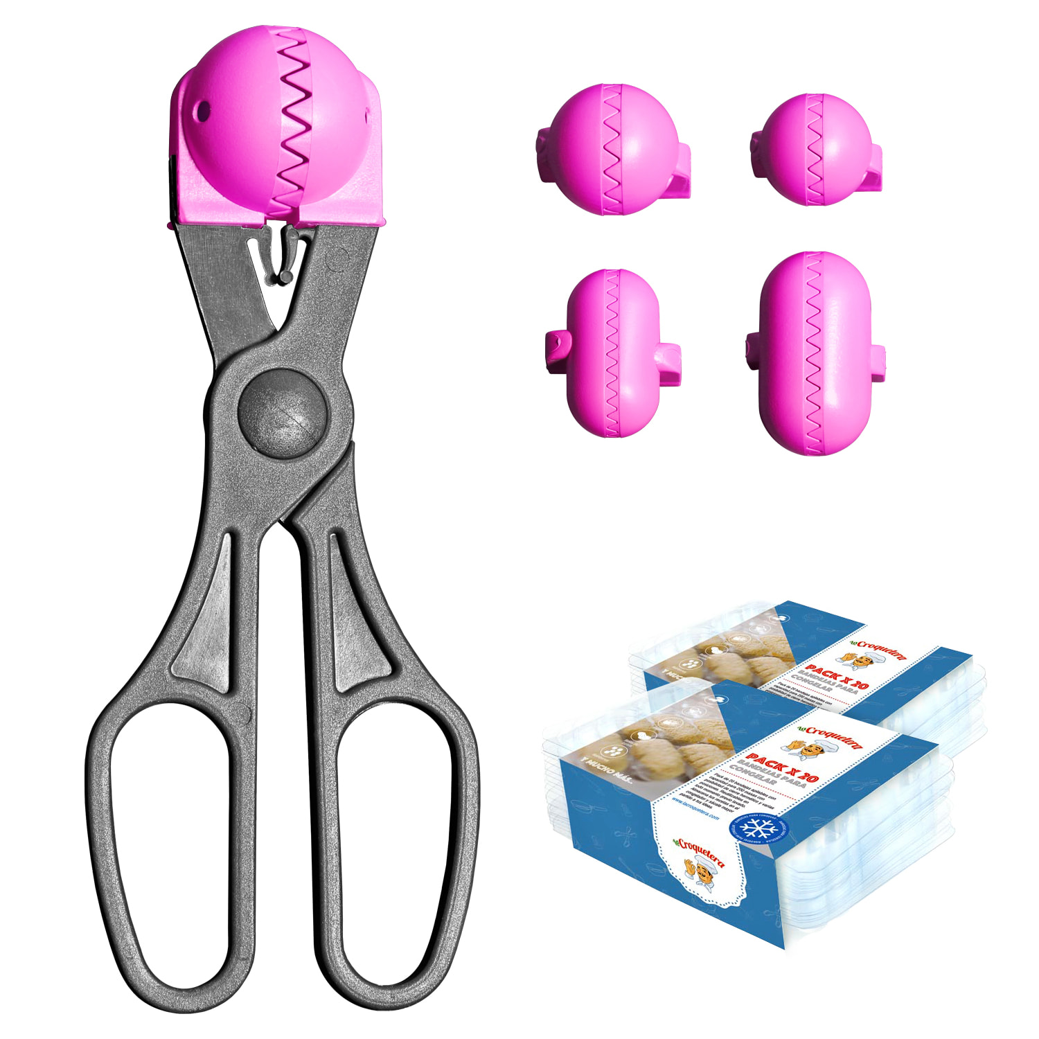 Pack utensilio multiusos con 4 moldes intercambiables color rosa+ 40 bandejas de conservación - La croquetera: patentado y fabricado en España