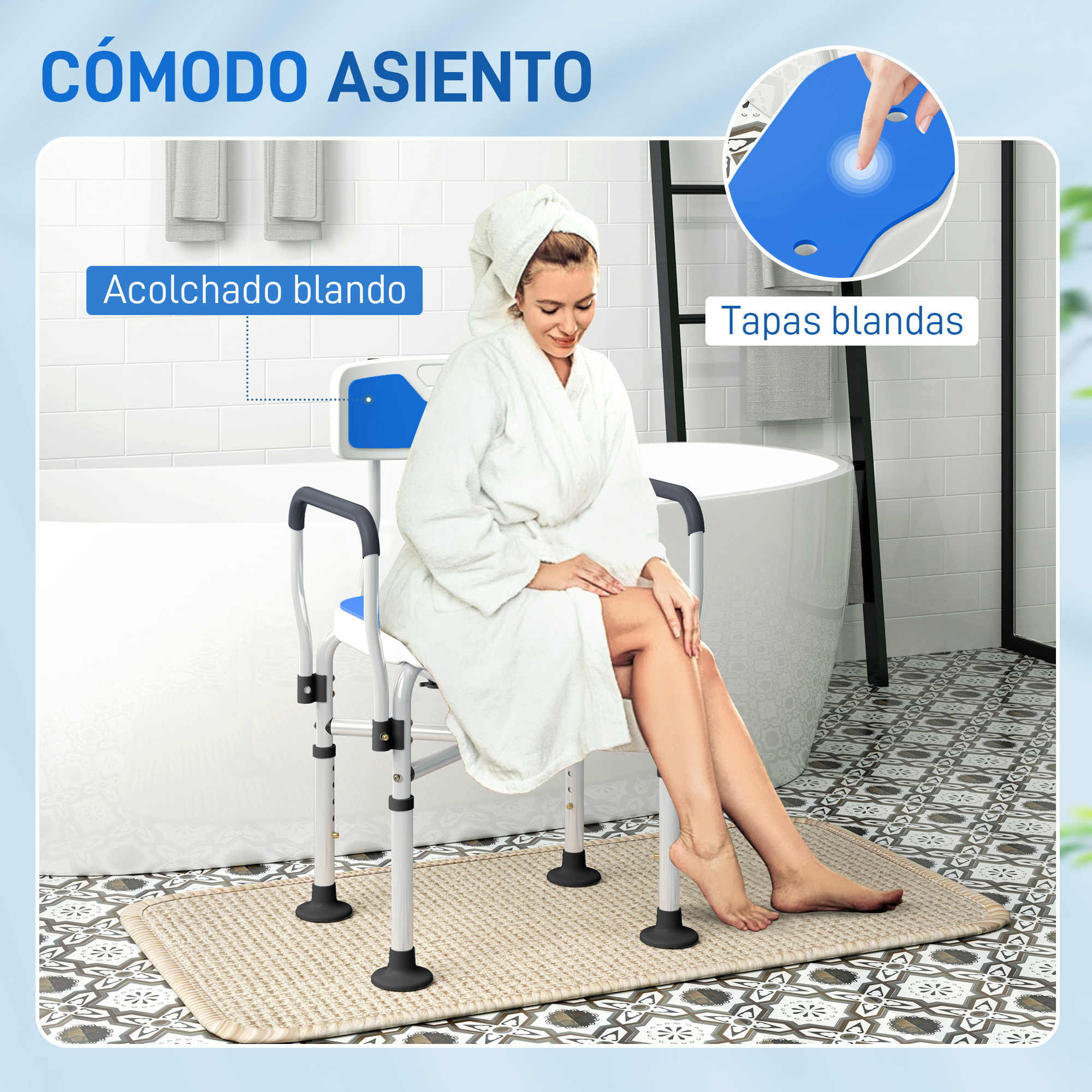Silla Ducha Personas Mayores Silla de Ducha con Asiento Ranurado Altura Regulable Taburete de Ducha Antideslizante con Respaldo y Reposabrazos Carga 136 kg para Discapacitados Azul