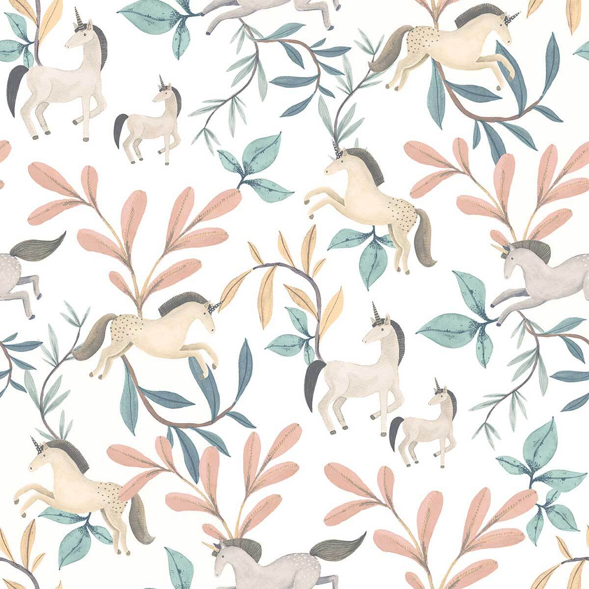 Papier peint licornes et feuillages pastel enfant