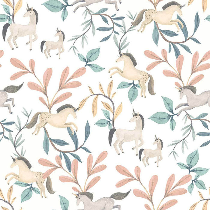 Papier peint licornes et feuillages pastel enfant