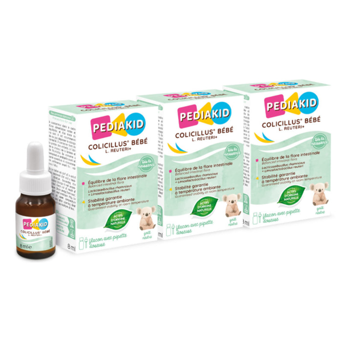 PEDIAKID - Colicillus Bébé - Suspension Huileuse à base de Lactobacillus Rhamnosus GG - Teneur Garantie 1 Milliard par Prise - Réduit les Contractions Abdominales - Goût Neutre - Lot de 3