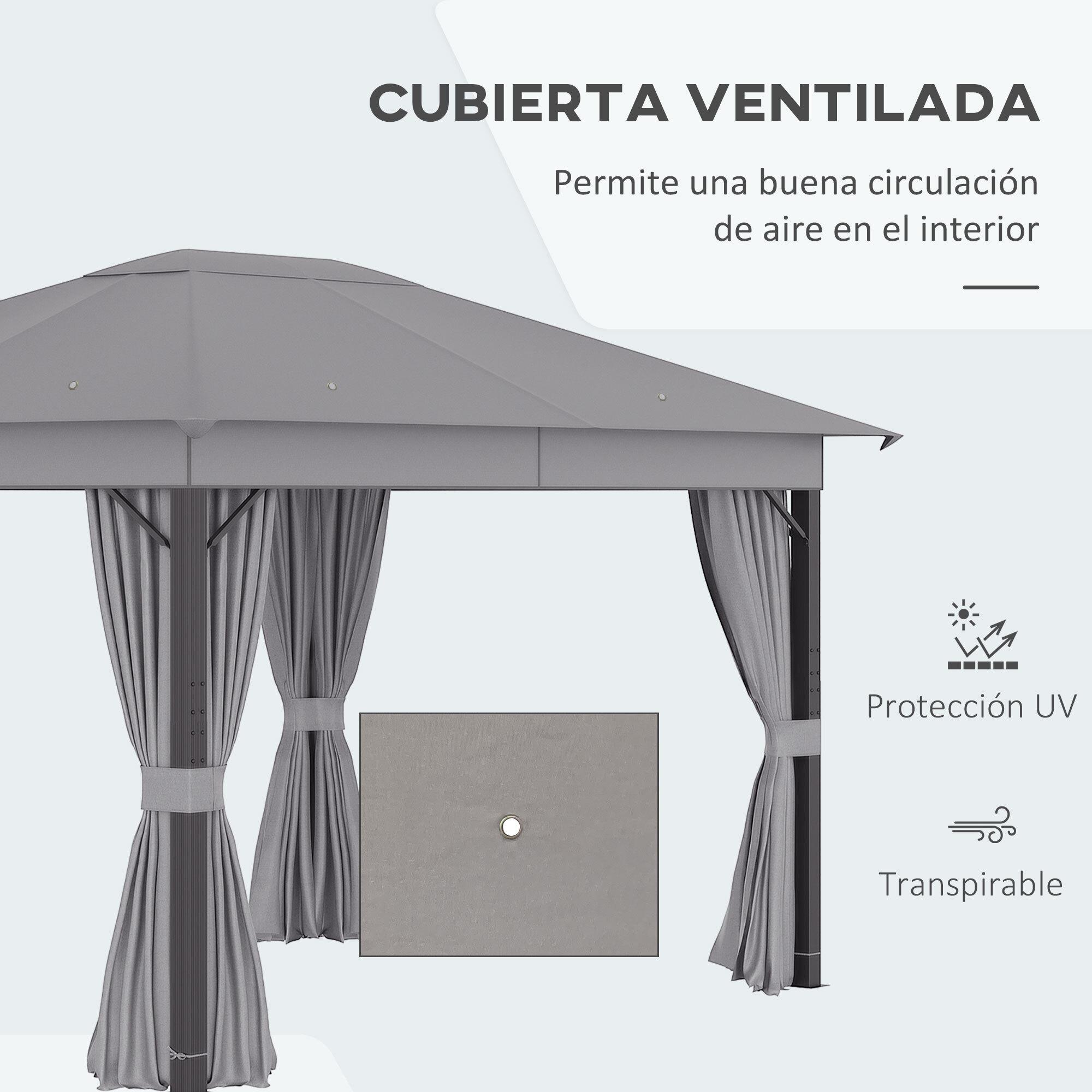 Cenador Jardín 4x3 m con Techo de Ventilación 4 Cortinas y 8 Orificio de Drenaje