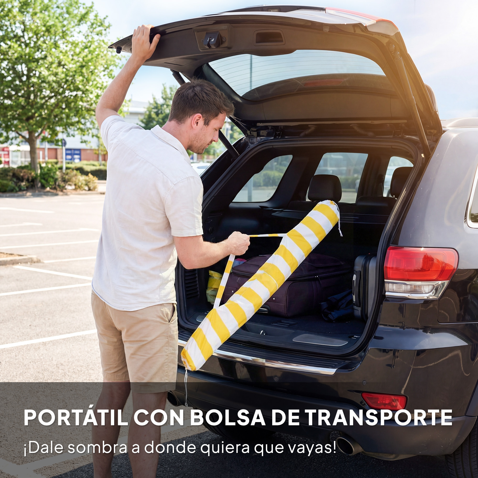 Sombrilla de Playa con Flecos Ø180 cm, Sombrilla de Terraza Exterior con Altura Ajustable, Inclinación 30°, Anclaje Arena y Bolsa de Transporte, Amarillo y Blanco
