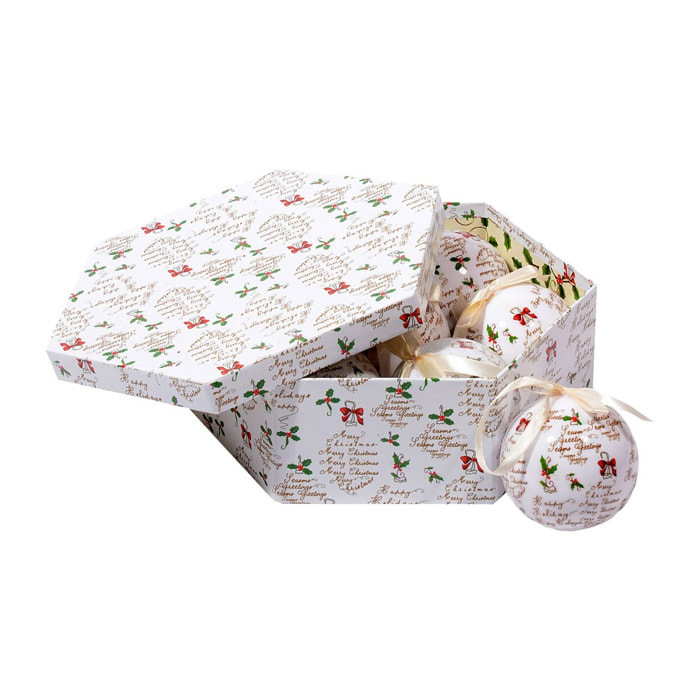 Box 7 sfere natalizie, Fantasia scritte, Set assortimento palline di Natale, Scatola set albero di Natale ,Diametro 7,5 cm, Bianco