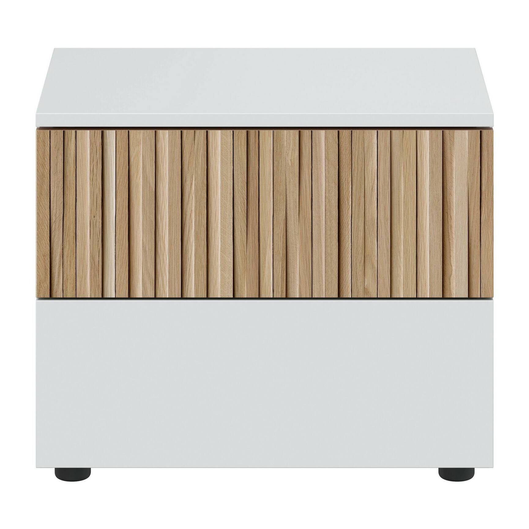 Comodino Josie, Comò basso, Tavolino da notte, Mensola da letto, 50x42 h34 cm, Bianco e Rovere