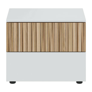 Comodino Josie, Comò basso, Tavolino da notte, Mensola da letto, 50x42 h34 cm, Bianco e Rovere