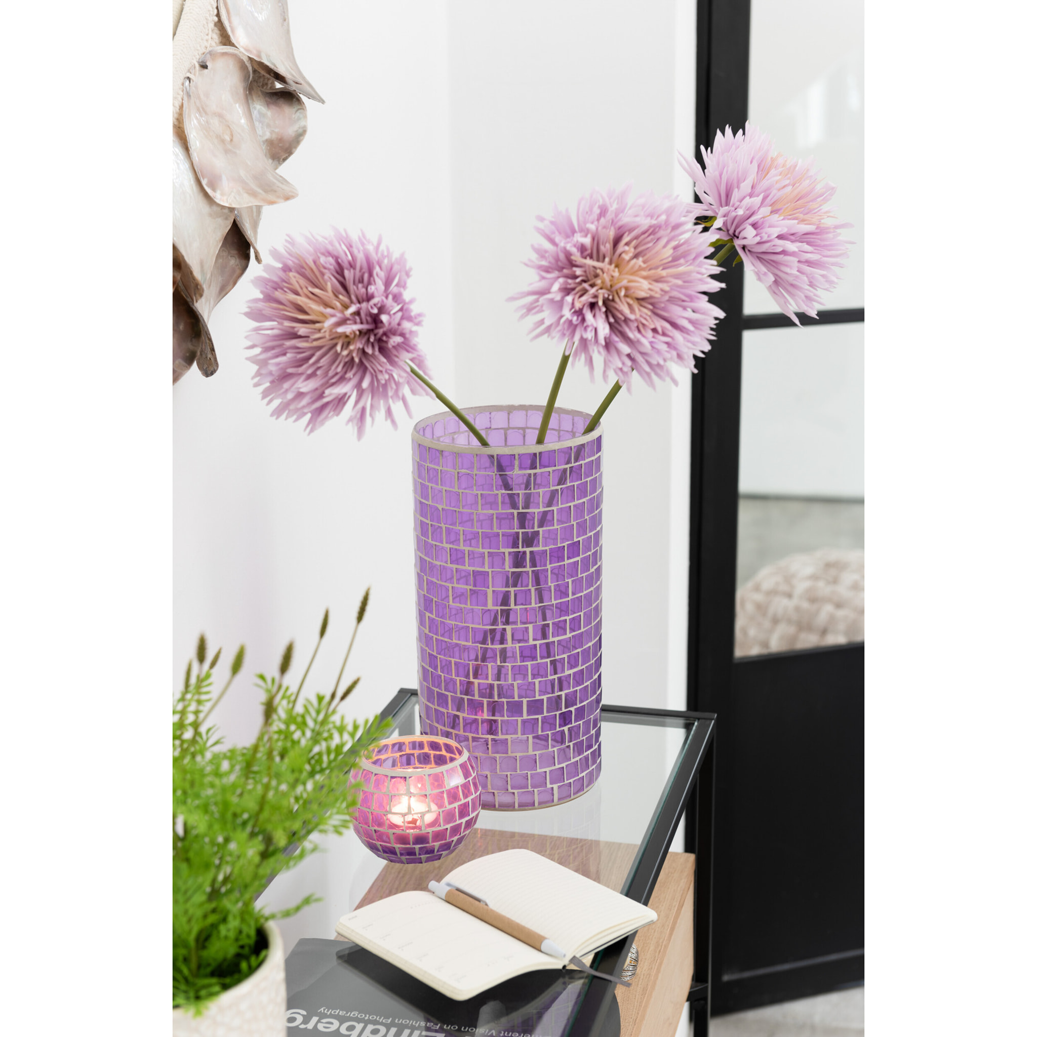 J-Line photophore Mosaiques Rond - verre - mauve - small - 2 pièces