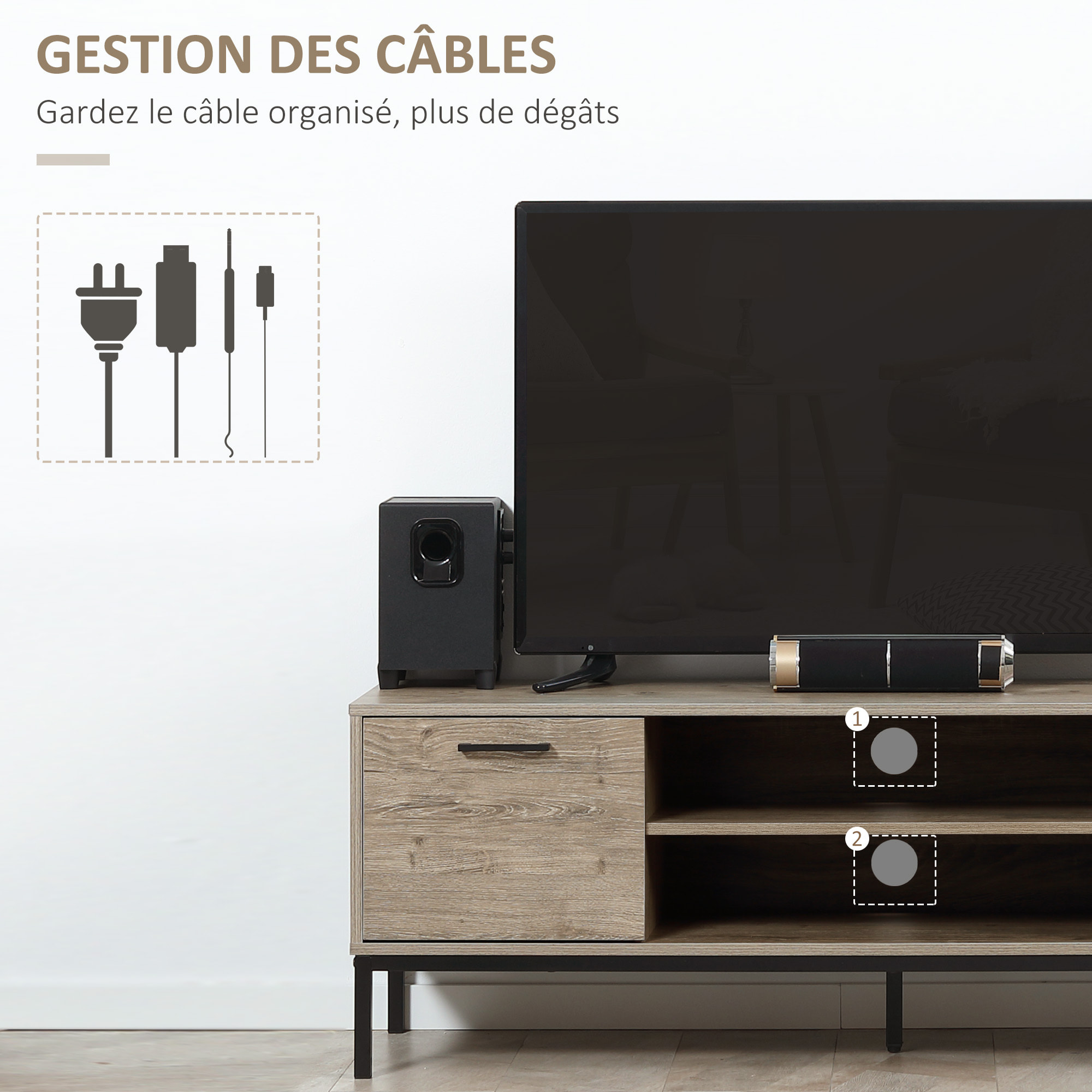 Meuble TV banc TV design industriel - porte, 2 tiroirs, 2 niches - piètement acier noir - aspect bois gris