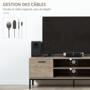 Meuble TV banc TV design industriel - porte, 2 tiroirs, 2 niches - piètement acier noir - aspect bois gris