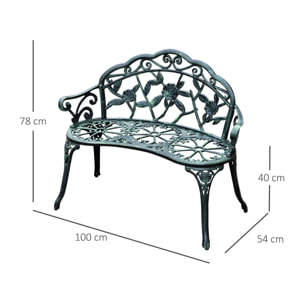 Banc de jardin 2 places style néo-rétro motif rose lignes fuselées 100L x 54l x 78H cm fonte d'aluminium vert vieilli