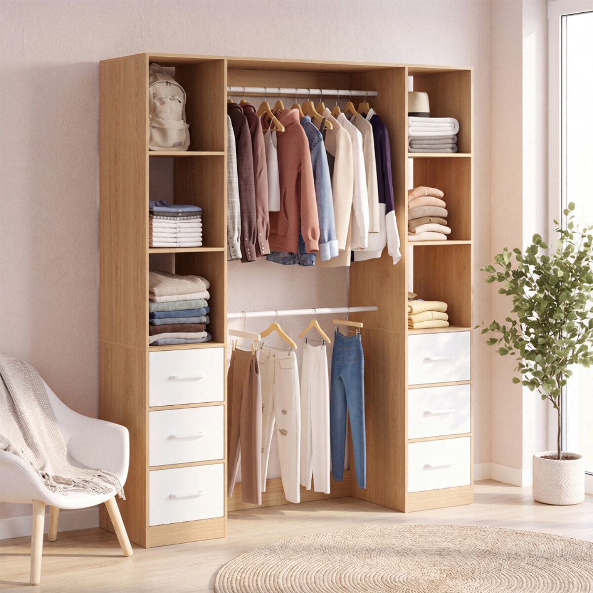 Dressing Uma double colonne 6 tiroirs bois et blanc