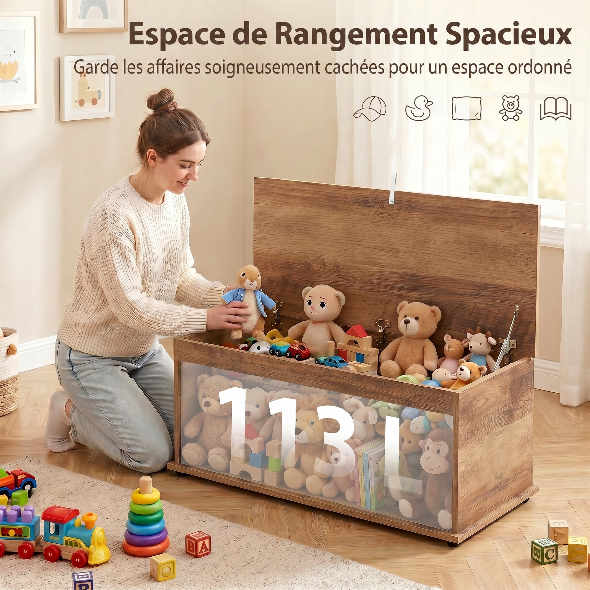 Coffre malle de rangement coffre à jouets dim. 80L x 40l x 45H cm effet bois