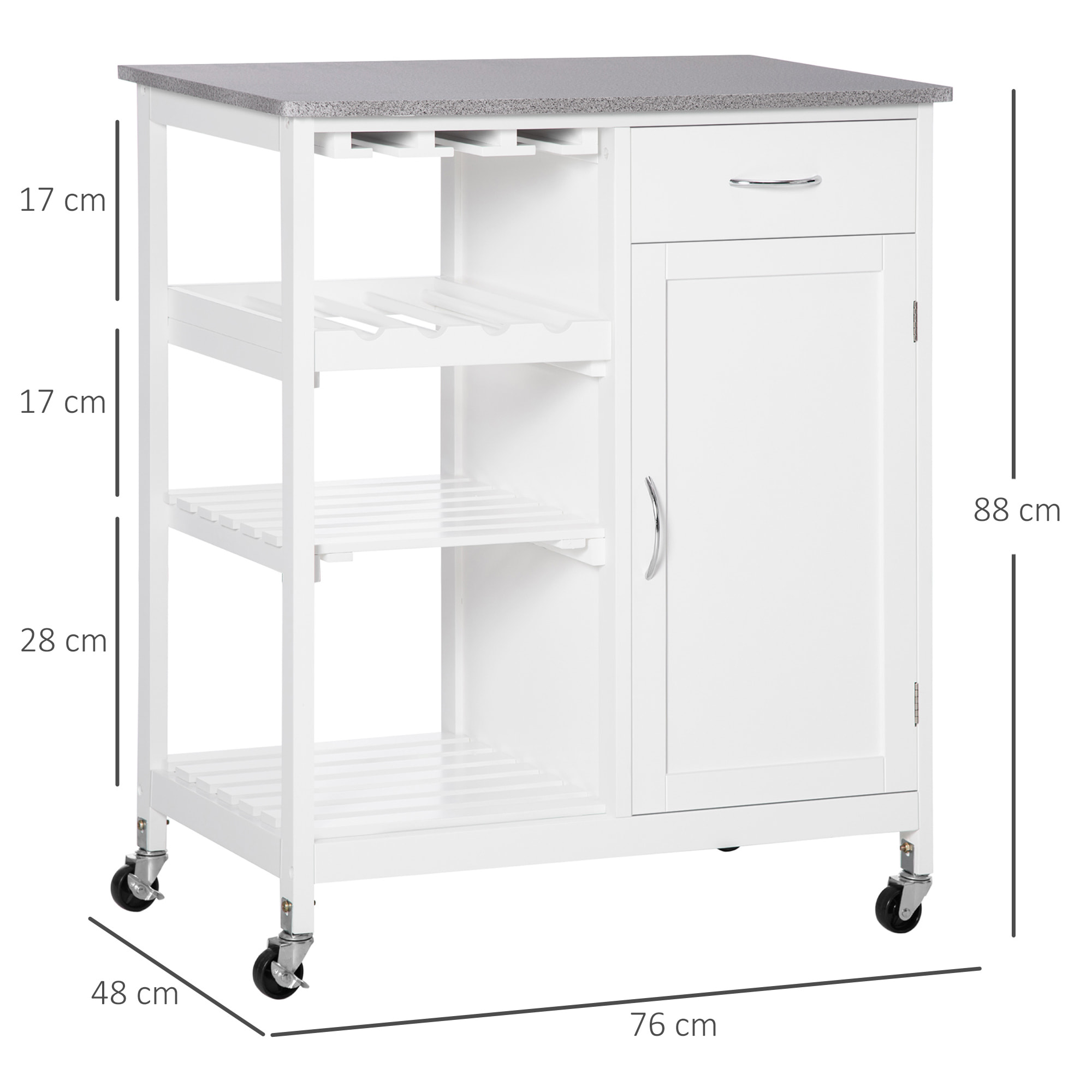 HOMCOM Carro de Cocina con Ruedas Carrito de Servicio con 1 Cajón Estantes Extraíbles Botellero para 4 Botellas y Armario para Comedor Salón Carga 40 kg 76x48x88 cm Blanco