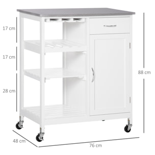 HOMCOM Carro de Cocina con Ruedas Carrito de Servicio con 1 Cajón Estantes Extraíbles Botellero para 4 Botellas y Armario para Comedor Salón Carga 40 kg 76x48x88 cm Blanco