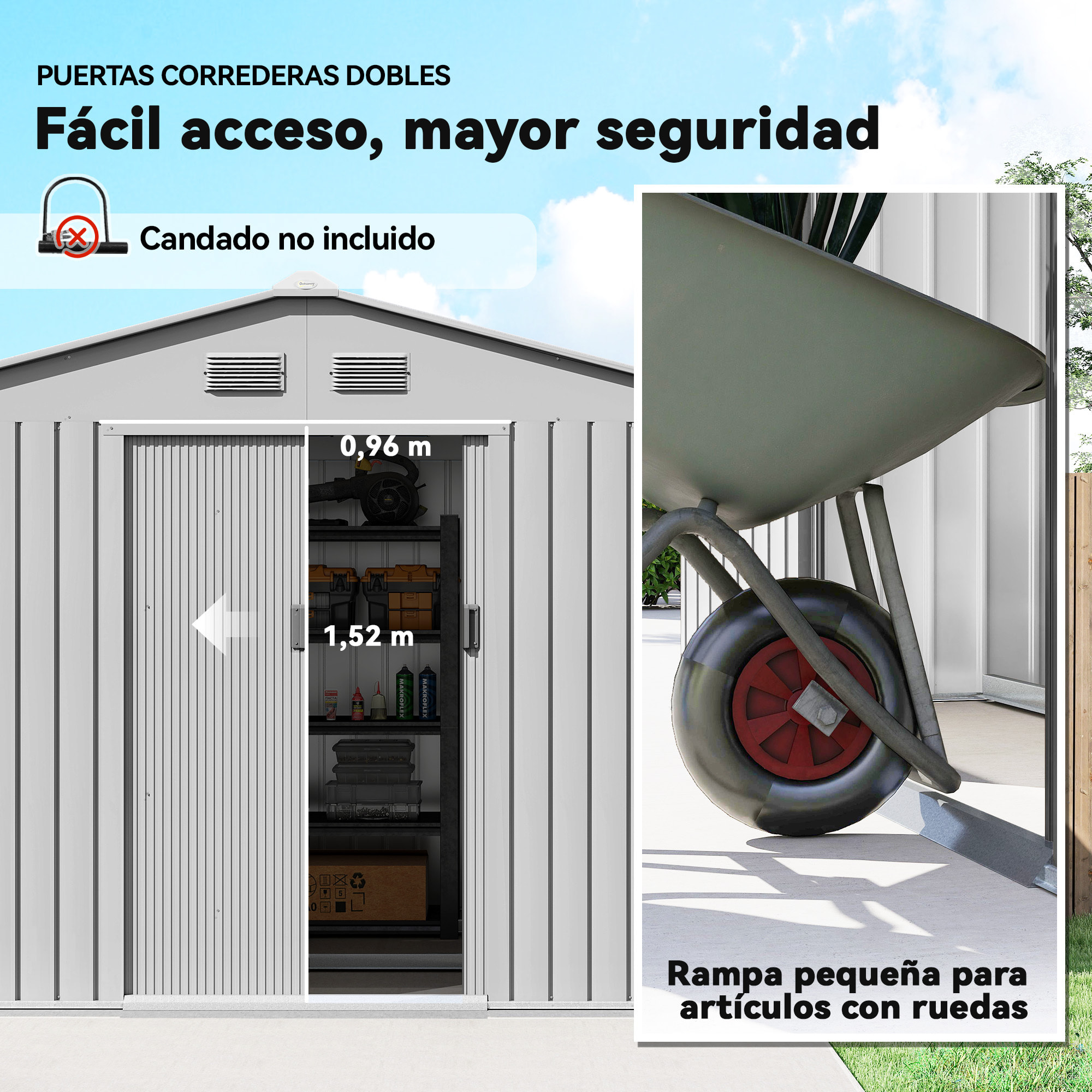 Caseta de Jardín Exterior 4,9 m², 277x195x192 cm, Cobertizo de Jardín Exterior Metálico con Puerta Corredera, Ventilación y Kit de Fundación, para Almacenamiento de Herramientas, Gris