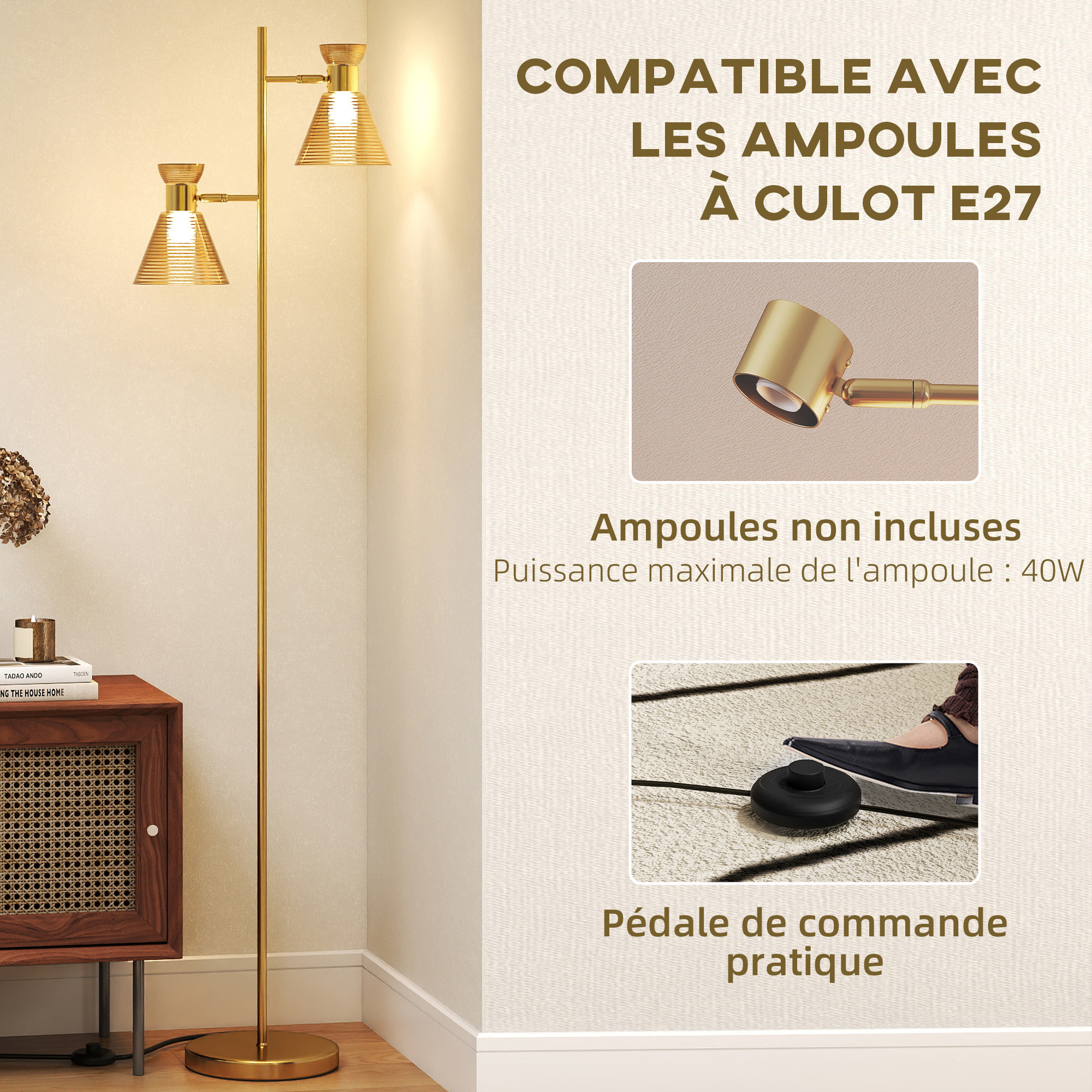 Lampadaire sur pied design H.165cm double tête réglable verre conique métal doré