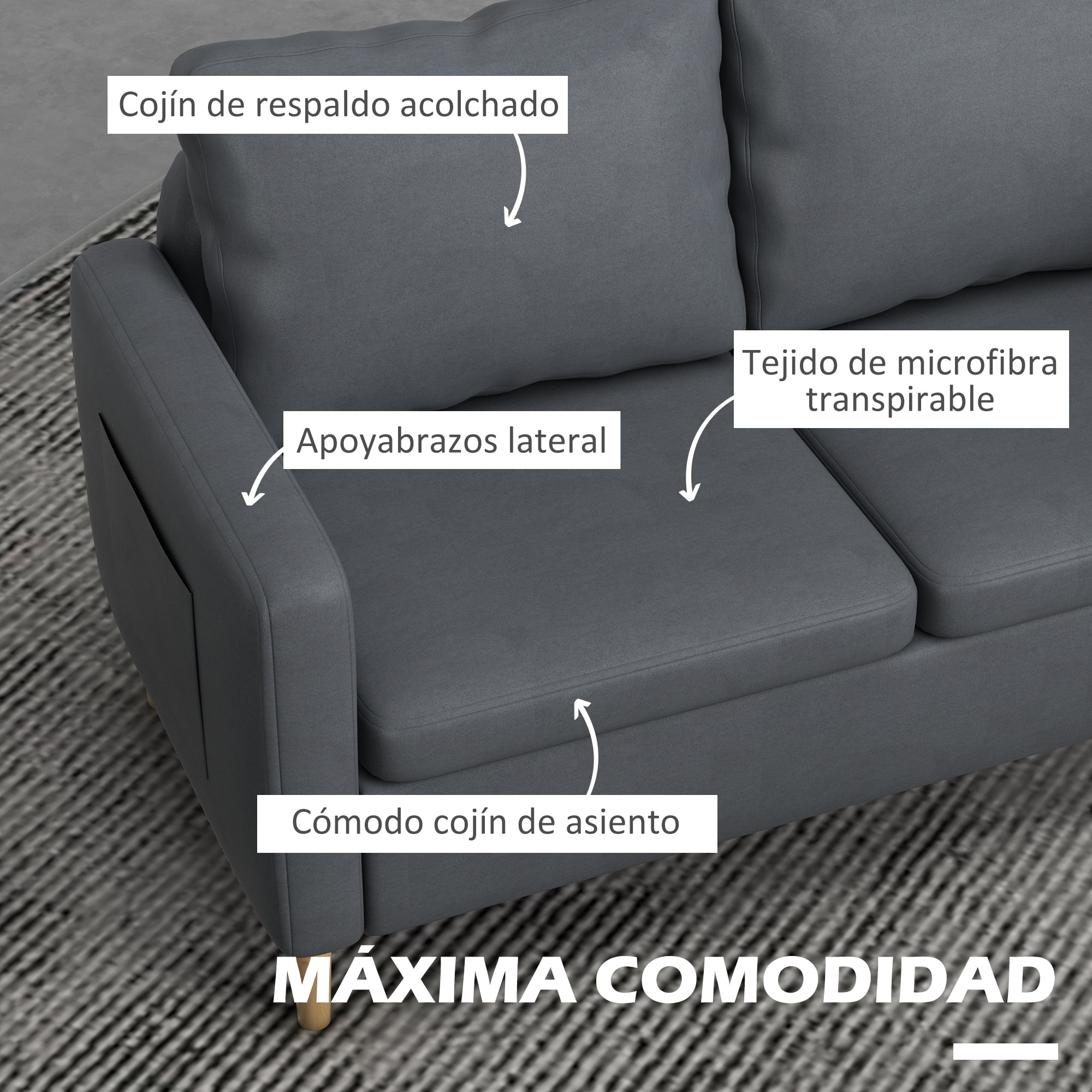 Sofá de 2 Plazas Sillón Moderno Tapizado en Poliéster con 2 Bolsillos Laterales Reposabrazos y Patas de Madera para Dormitorio Oficina Carga 200 kg 143x76x83 cm Gris