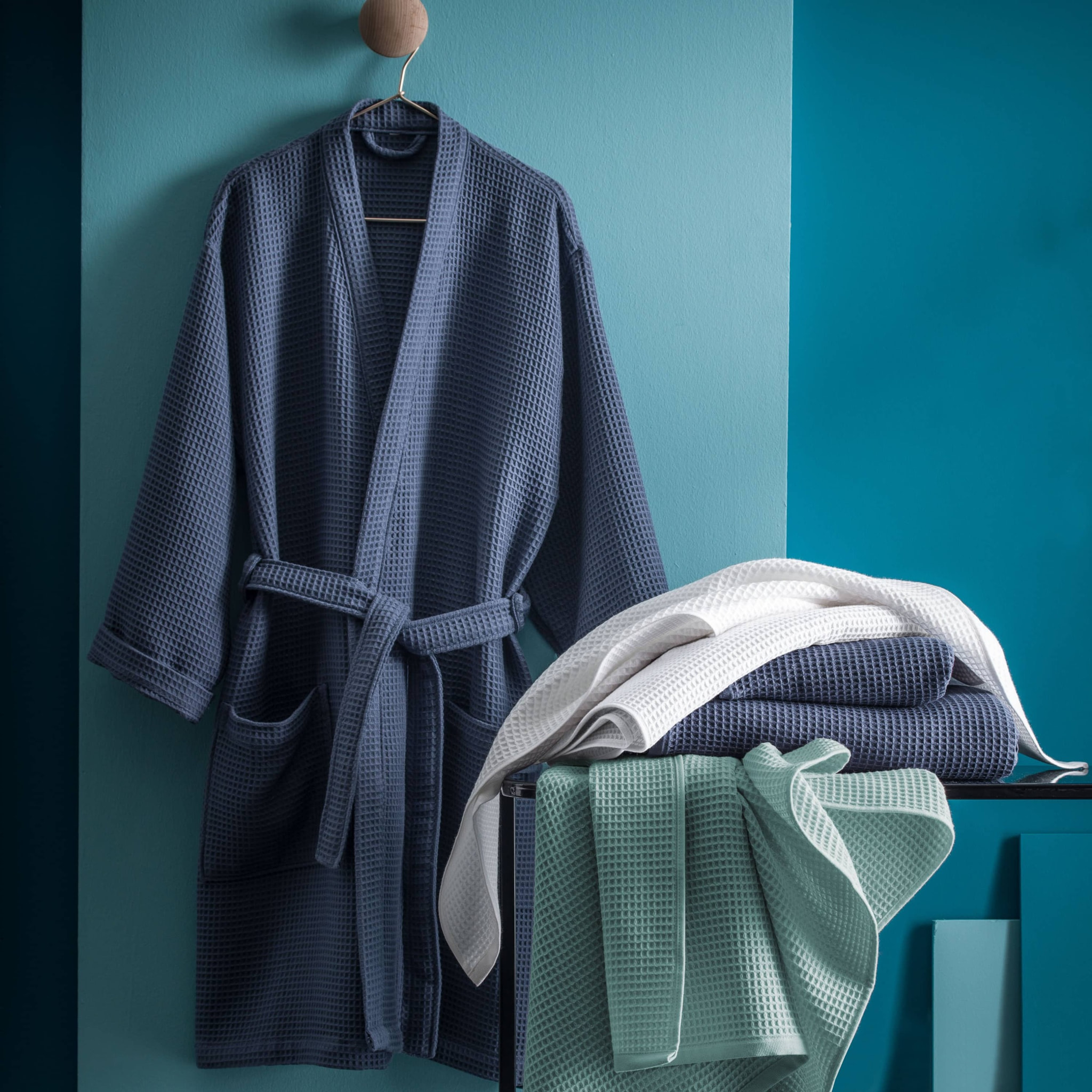 NE PAS UTILISER - Peignoir femme col kimono en coton BIO, ESPRIT NID D'ABEILLE BIO