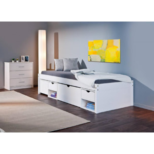 Letto con vani contenitore e comodino conruote incluso in pino massello verniciato ad acqua bianco, cm 209 x 96 x 47,5