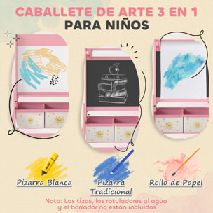 Pizarra Infantil Caballete 3 en 1 Pizarra Infantil de Doble Cara Caballete de Pintura para Niños de +3 Años con Rollo de Papel y Cestas de Almacenamiento 54x46x94 cm Rosa