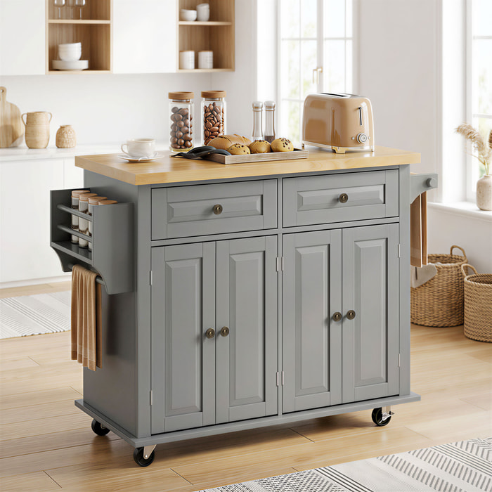 Desserte de cuisine multi rangements 2 tiroirs 2 placard 2 portes étagère range-bouteille porte-torchons MDF gris hévéa