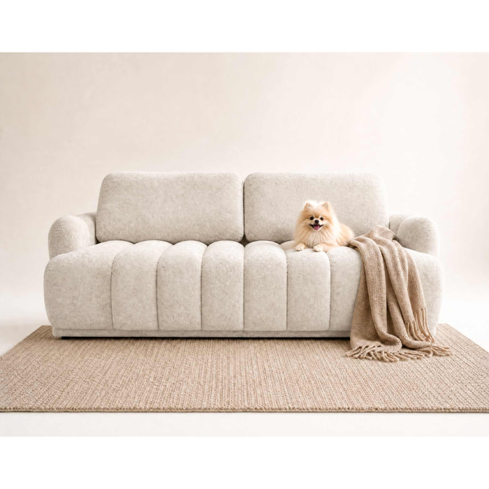 Silvia - Canapé droit 3 places convertible avec coffre - en tissu bouclette - Beige