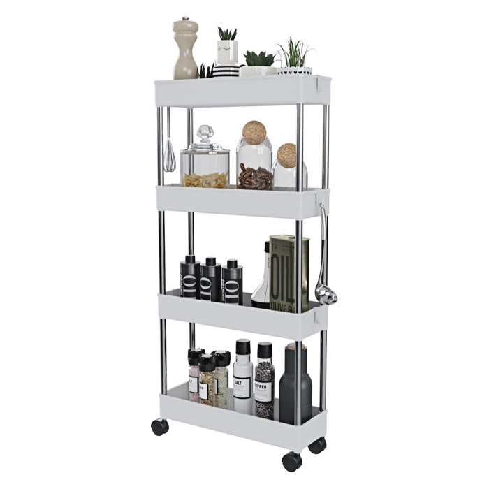 Carrello Portaoggetti 4 Ripiani Mobile Salvaspazio In Plastica Con Ruote Struttura In Acciaio Per Spazi Ridotti Cucina Bagno 40 x 13 x 85 Cm Bianco