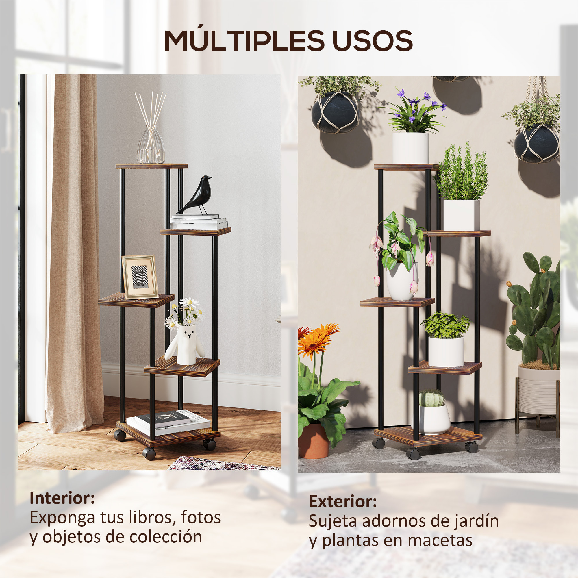 Estantería para Plantas de 5 Niveles Soporte para Plantas de Madera y Acero con 5 Estantes Cuadradas y 4 Ruedas Soporte para Macetas para Interior y Exterior 59x59x110 cm Carbonizado