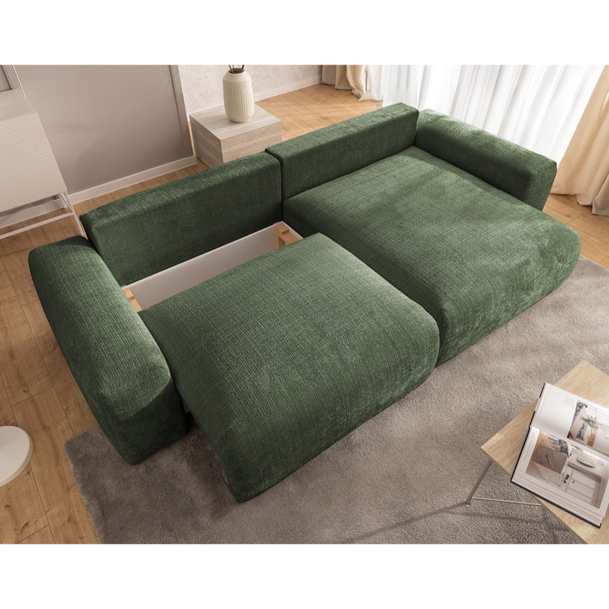 Constance - Canapé d'angle réversible 4 places convertible avec coffre en velours texturé - Vert