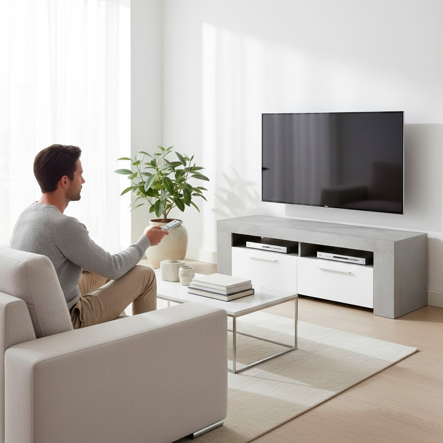 Mobile TV Con 4 Vani Portaoggetti Modulo Porta TV Moderno Con Ante E Vani A Vista Per Soggiorno Supporto TV 120x42x40 Cm Bianco Lucido Grigio Cemento