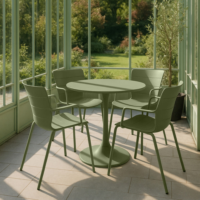 Ensemble table ronde et 4 fauteuils vert MONTAUK