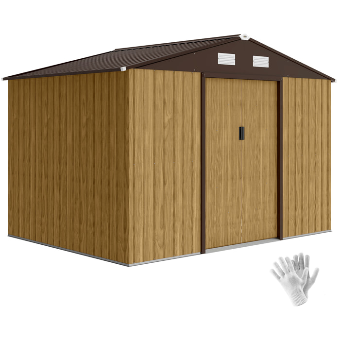 Caseta de Jardín Exterior 4,9 m², 277x195x192 cm, Cobertizo de Jardín Exterior Metálico con Puerta Corredera, Ventilación y Kit de Fundación, para Almacenamiento de Herramientas, Marrón Claro
