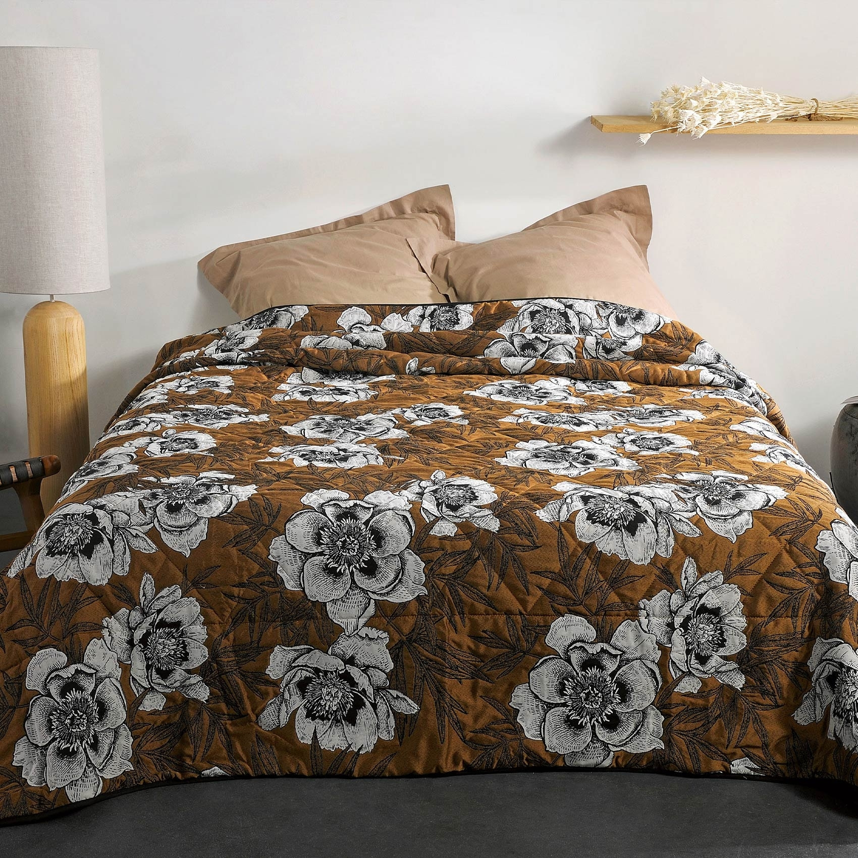 Jeté de lit aux impressions florales - Jaune moutarde