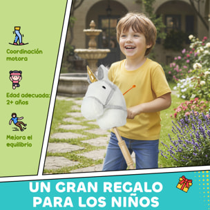 Cabeza de Caballo con Palo de Madera, Diseño Unicornio, Sonidos y Ruedas, Caballo de Juguete, 95 cm de Altura, Blanco