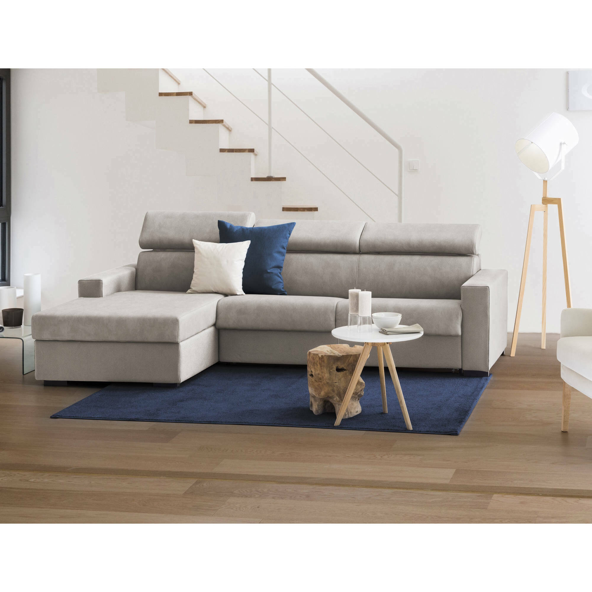 Divano Letto Aleandra, Divano ad angolo, 100% Made in Italy, Sofà con apertura girevole, con Penisola contenitore Sinistra, con Braccioli slim, Cm 260x95h85, Tortora