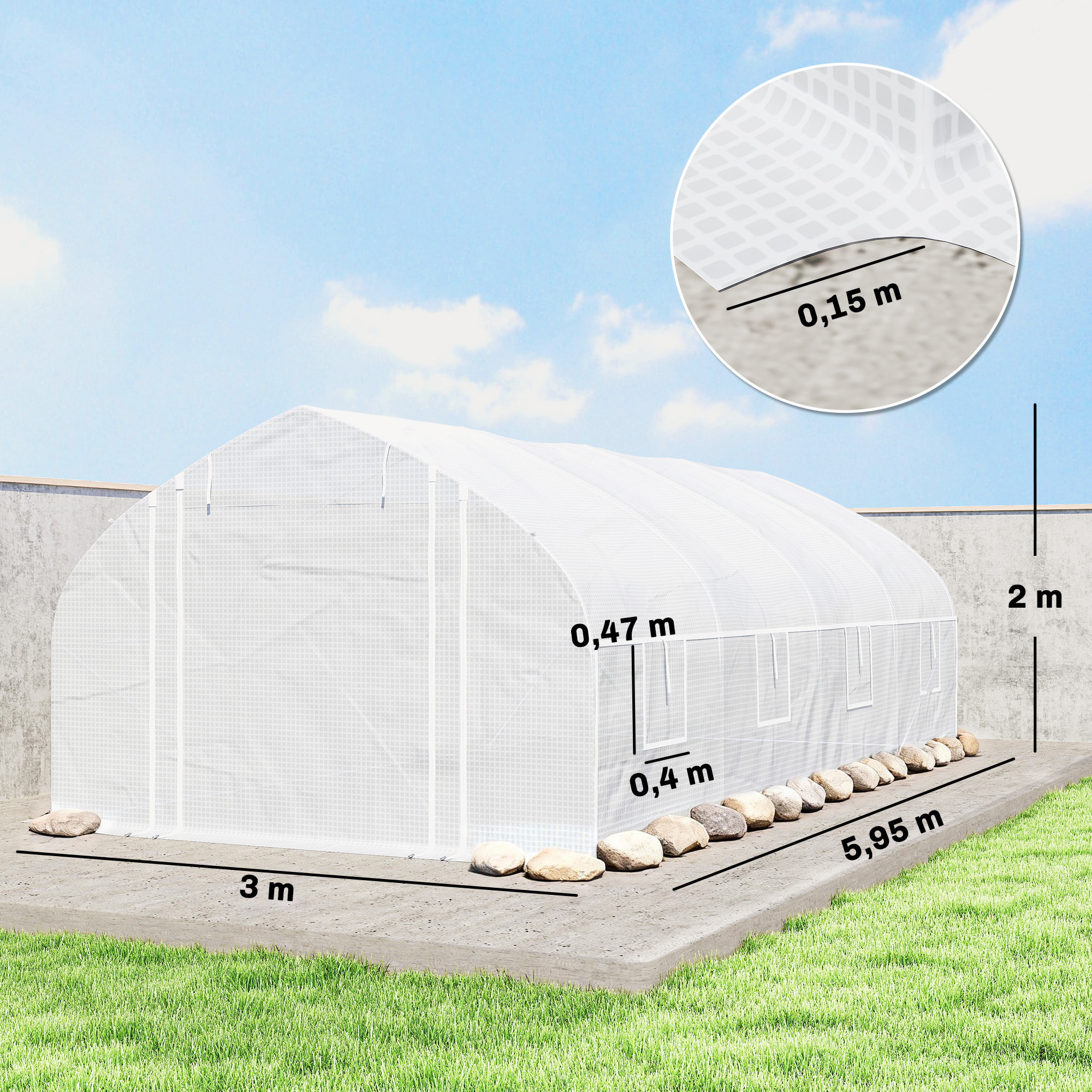 Invernadero de Exterior, 6x3x2 m, Invernadero de Túnel con 8 Ventanas, Cubierta de PE, Anti-UV y Puerta Enrollable con Cremallera, Paredes Laterales con Malla, para Cultivos, Plantas, Blanco