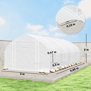 Invernadero de Exterior, 6x3x2 m, Invernadero de Túnel con 8 Ventanas, Cubierta de PE, Anti-UV y Puerta Enrollable con Cremallera, Paredes Laterales con Malla, para Cultivos, Plantas, Blanco